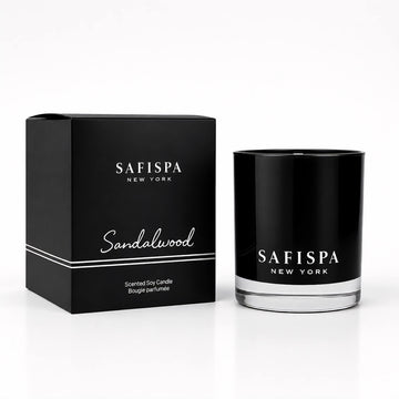 SaFiSpa Sandalwood scented soy candle in signature black glass with matching gift box.
