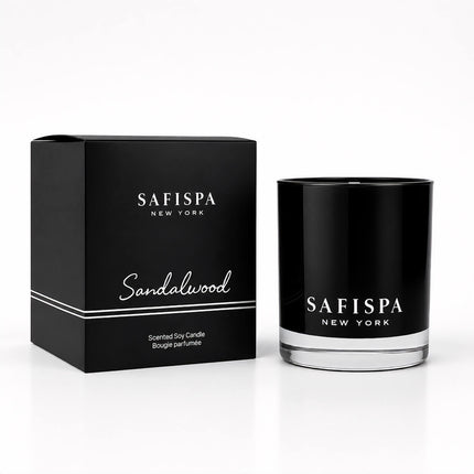 SaFiSpa Sandalwood scented soy candle in signature black glass with matching gift box.