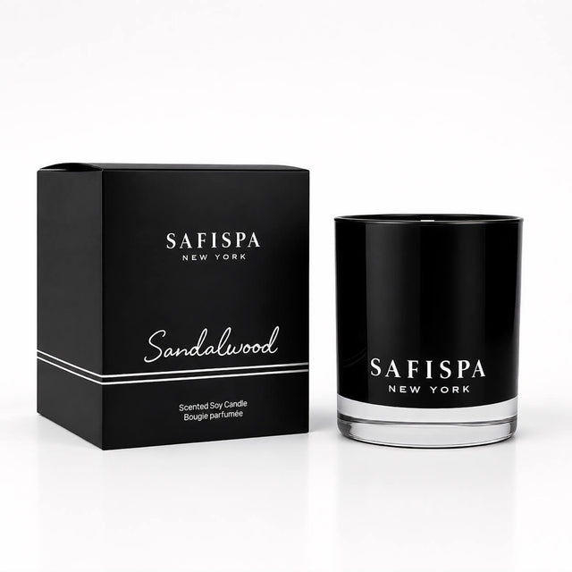 SaFiSpa Sandalwood scented soy candle in signature black glass with matching gift box.