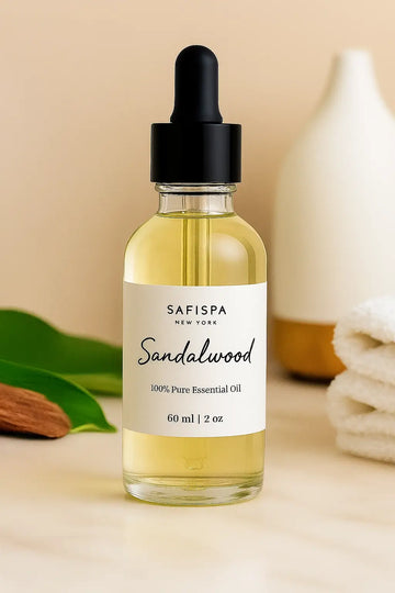 Sandalwood essential oil bottle with dropper on a neutral background