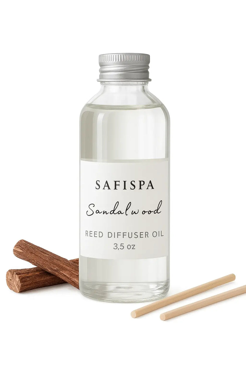 Safispa sandalwood reed diffuser oil bottle with wooden sticks on a white background