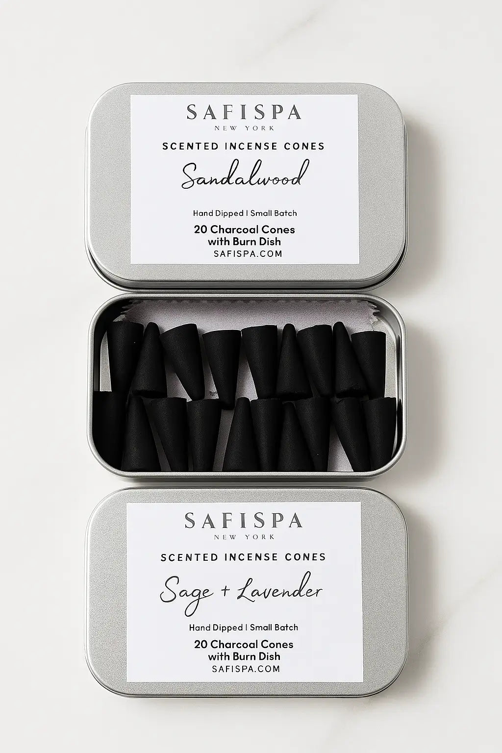 SaFiSpa luxury incense cones set — Sandalwood and Sage & Lavender scents in reusable tin. Hand-dipped, small batch, charcoal incense cones with burn dis