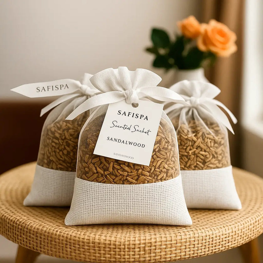 Three sandalwood-scented sachets from SAFISPA on a woven stool with a blurred background.