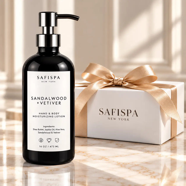 SaFiSpa Sandalwood + Vetiver Hand & Body Moisturizing Lotion, 16 oz, in a black pump bottle beside a white luxury gift box with champagne satin ribbon.