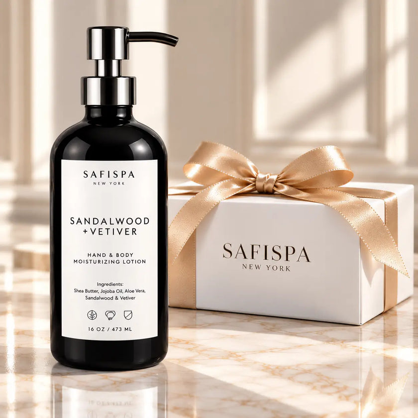 SaFiSpa Sandalwood + Vetiver Hand & Body Moisturizing Lotion, 16 oz, in a black pump bottle beside a white luxury gift box with champagne satin ribbon.