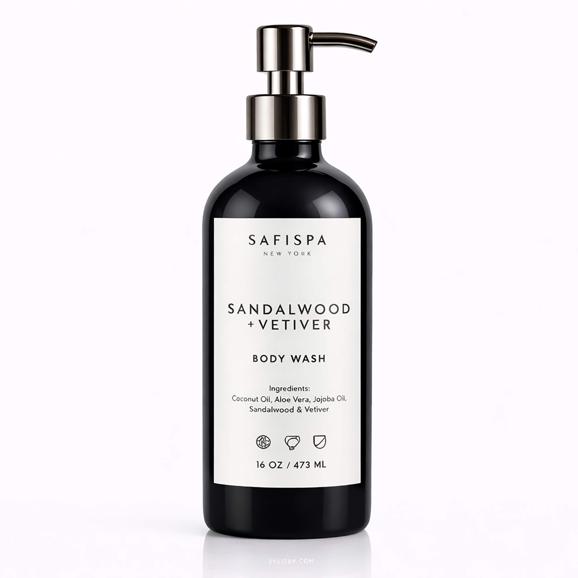 sandalwood vetiver body wash 16 oz luxury natural hydrating cleanser black bottle safispa skincare