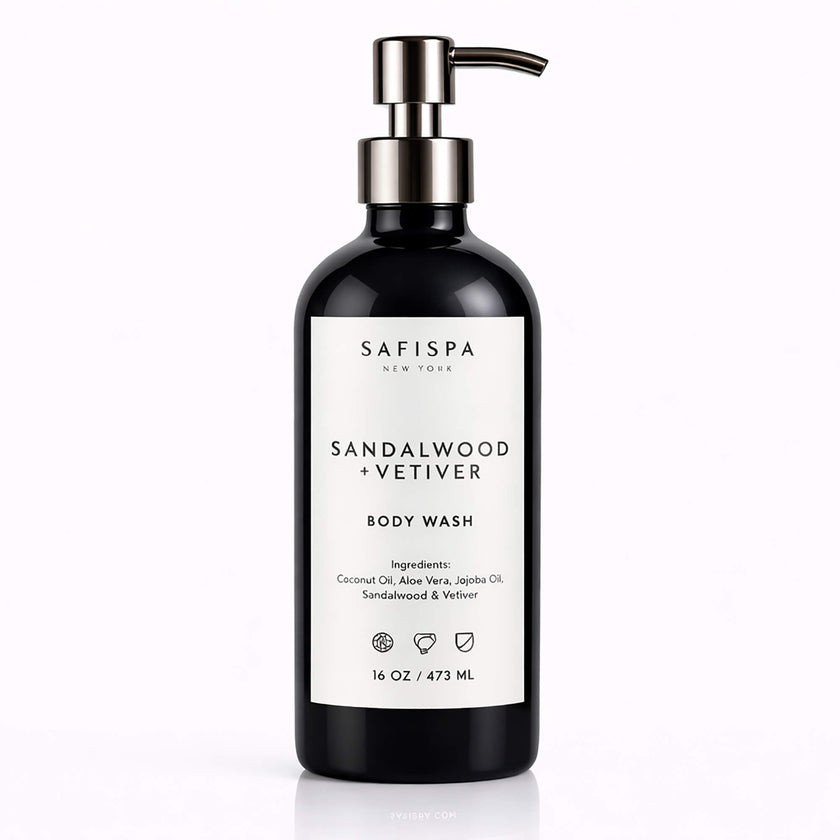 sandalwood vetiver body wash 16 oz luxury natural hydrating cleanser black bottle safispa skincare
