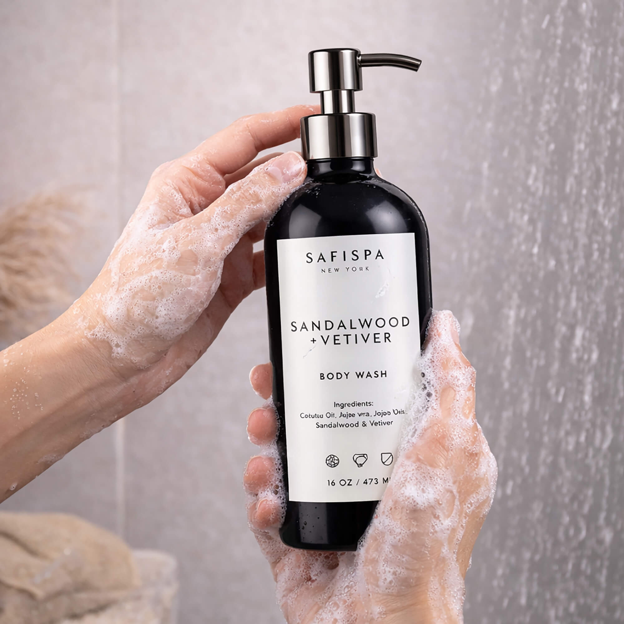 sandalwood vetiver body wash dispensing on hand natural moisturizing cleanser gentle skincare use