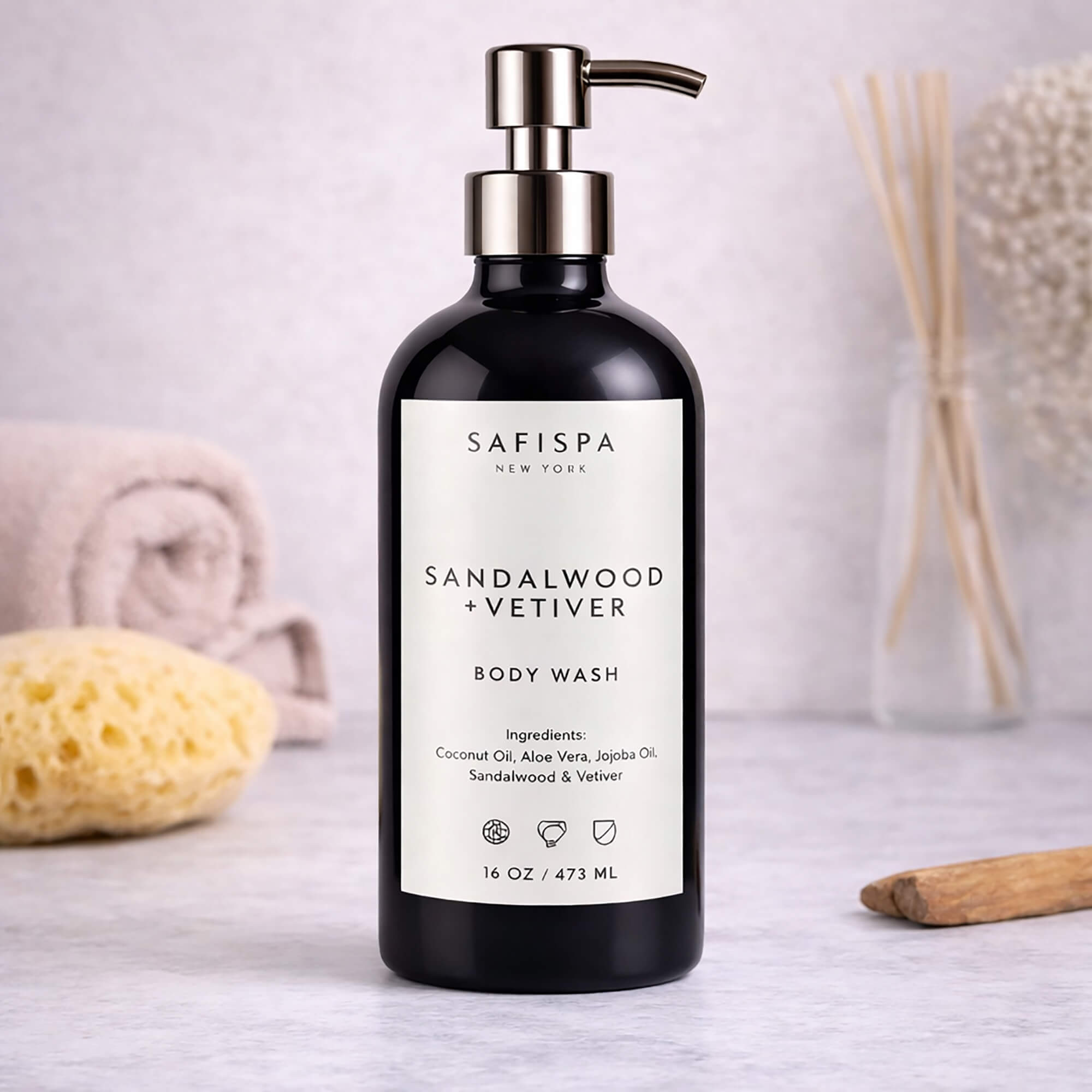 sandalwood vetiver body wash luxury bathroom marble countertop skincare routine spa aesthetic safispa