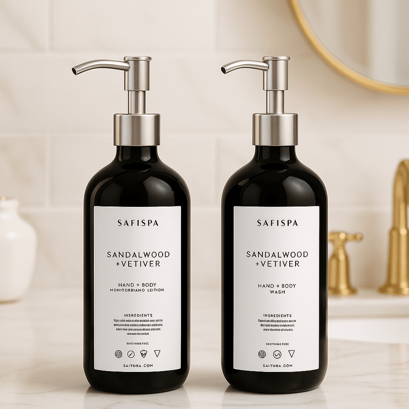 Luxury set of SaFiSpa Sandalwood + Vetiver Hand and Body Moisturizing Lotion and Hand and Body Wash in black pump bottles with stainless steel tops, set against a golden marble background for an elegant presentation.