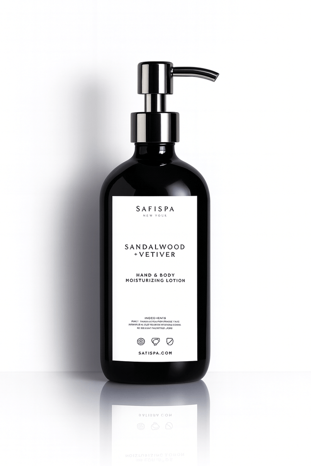 SaFiSpa Sandalwood + Vetiver Hand and Body Moisturizing Lotion in a sleek black pump bottle with stainless steel dispenser, infused with natural sandalwood and vetiver for smooth, hydrated skin.