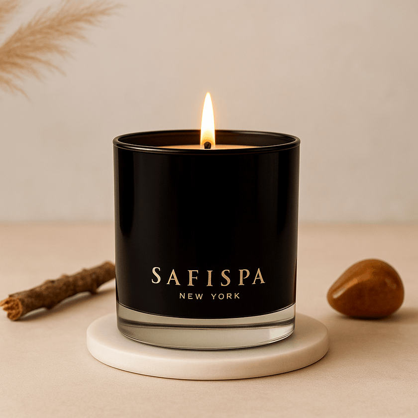 Unwind with Safispa: Handcrafted sandalwood candle with natural essential oils, perfect for creating a calming and grounding atmosphere