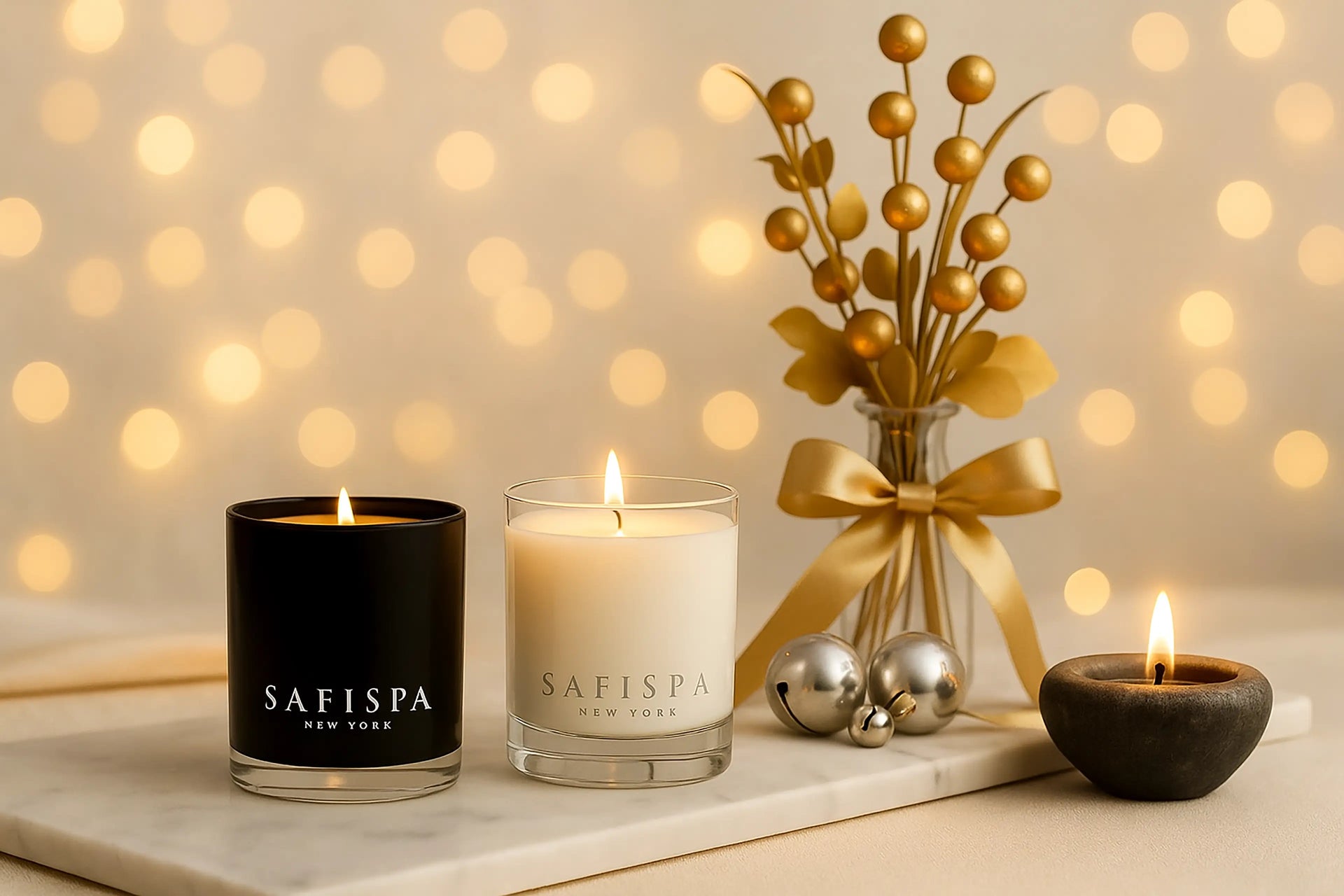 SaFiSpa luxury scented candles holiday decor, hand-poured soy candles in black and white jars, perfect for cozy home fragrance and chritmas ambiance.