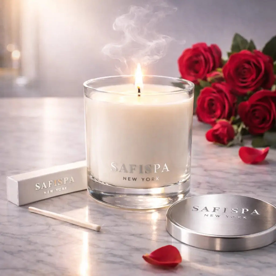Safispa candle with a matchbox and red roses on a marble surface