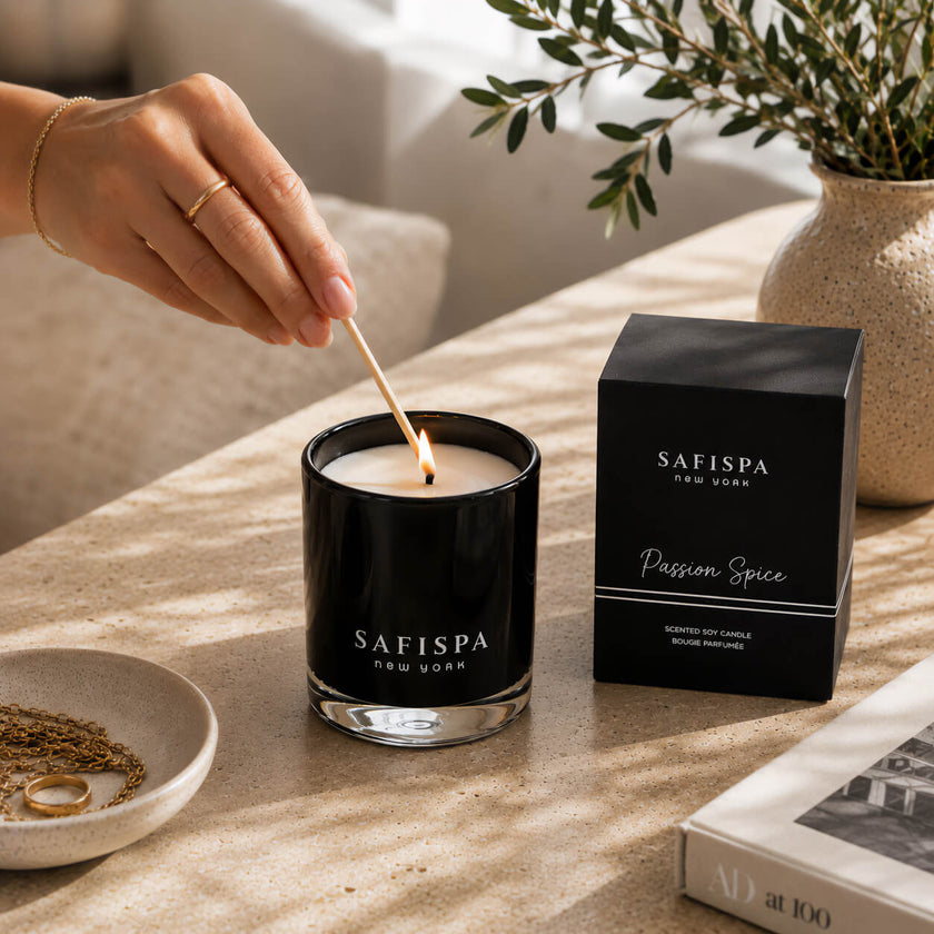 A black glass candle jar with the brand name SAFISPA New York is lit with a wooden match by a person's hand, next to its black packaging box labeled 'Safispa New York Passion Spice'. 
