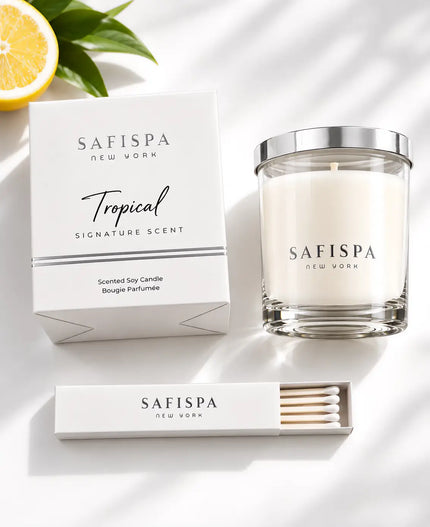 Tropical Signature candle with white fragrance box, silver lid and matchbox, styled with lemon and bergamot.
