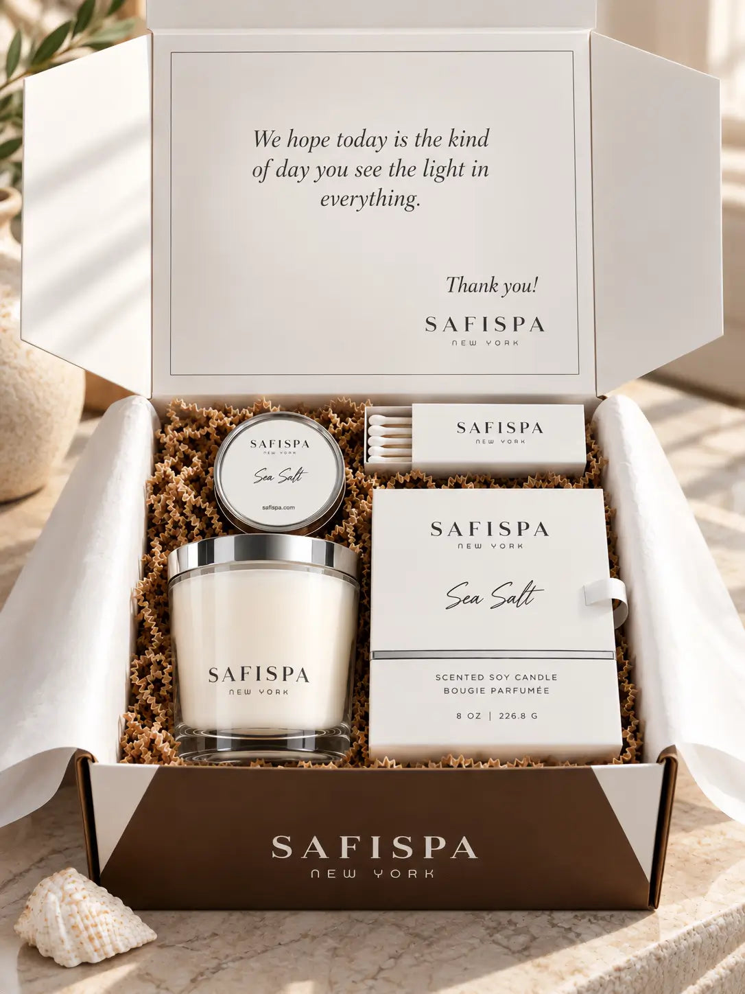 SaFiSpa Sea Salt luxury scented candle gift presentation with clear glass soy candle, white gift packaging and premium accessories
