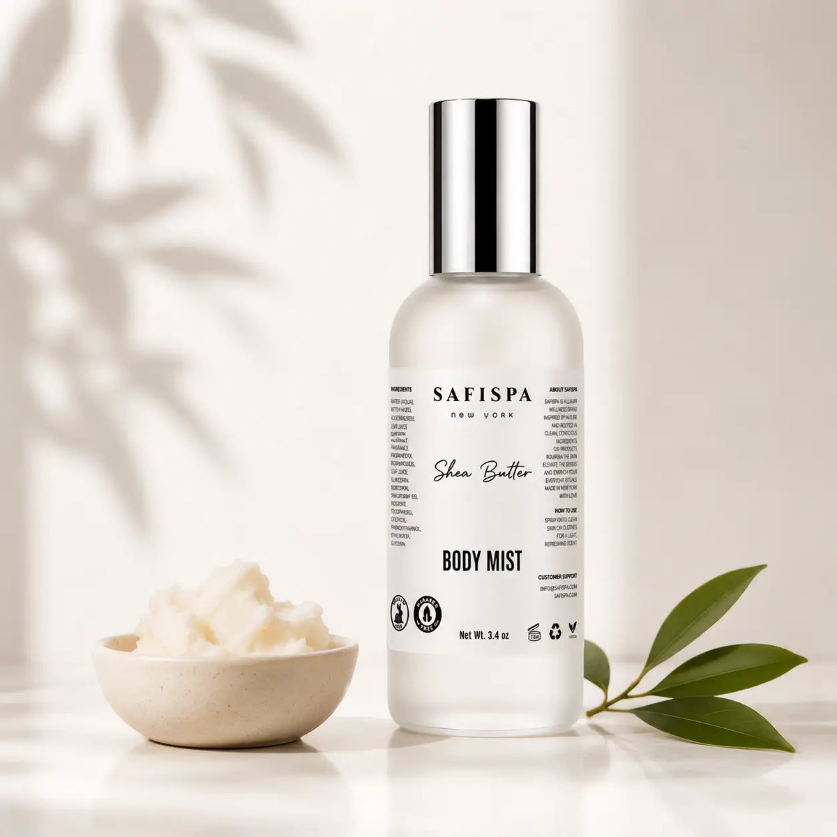 Best Shea butter body mist spray by Safispa in frosted glass bottle clean hydrating fragrance for soft skin