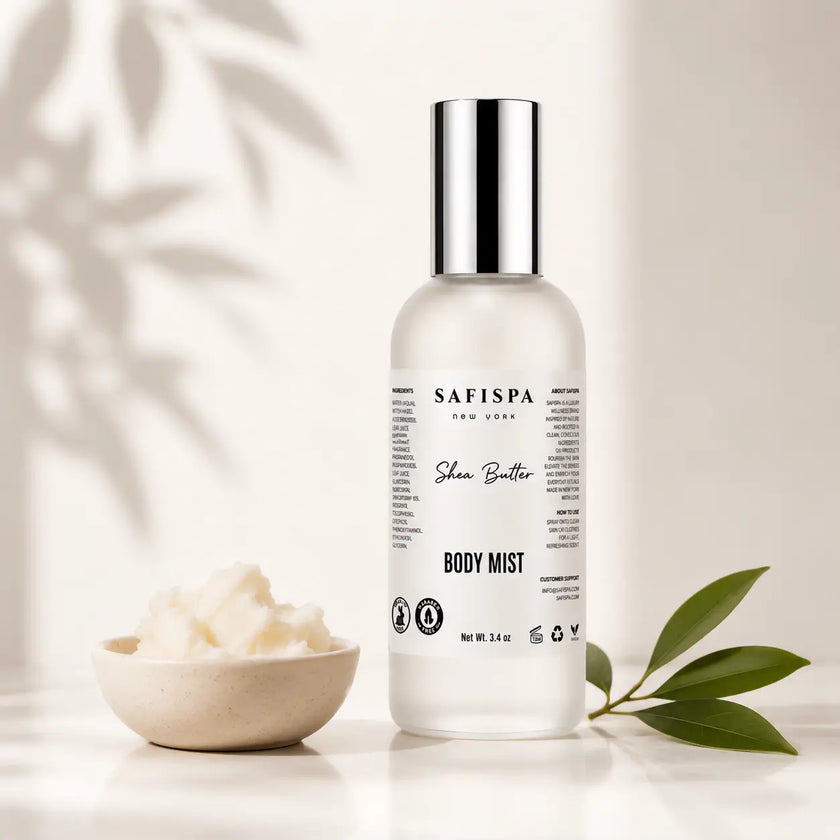 Best Shea butter body mist spray by Safispa in frosted glass bottle clean hydrating fragrance for soft skin