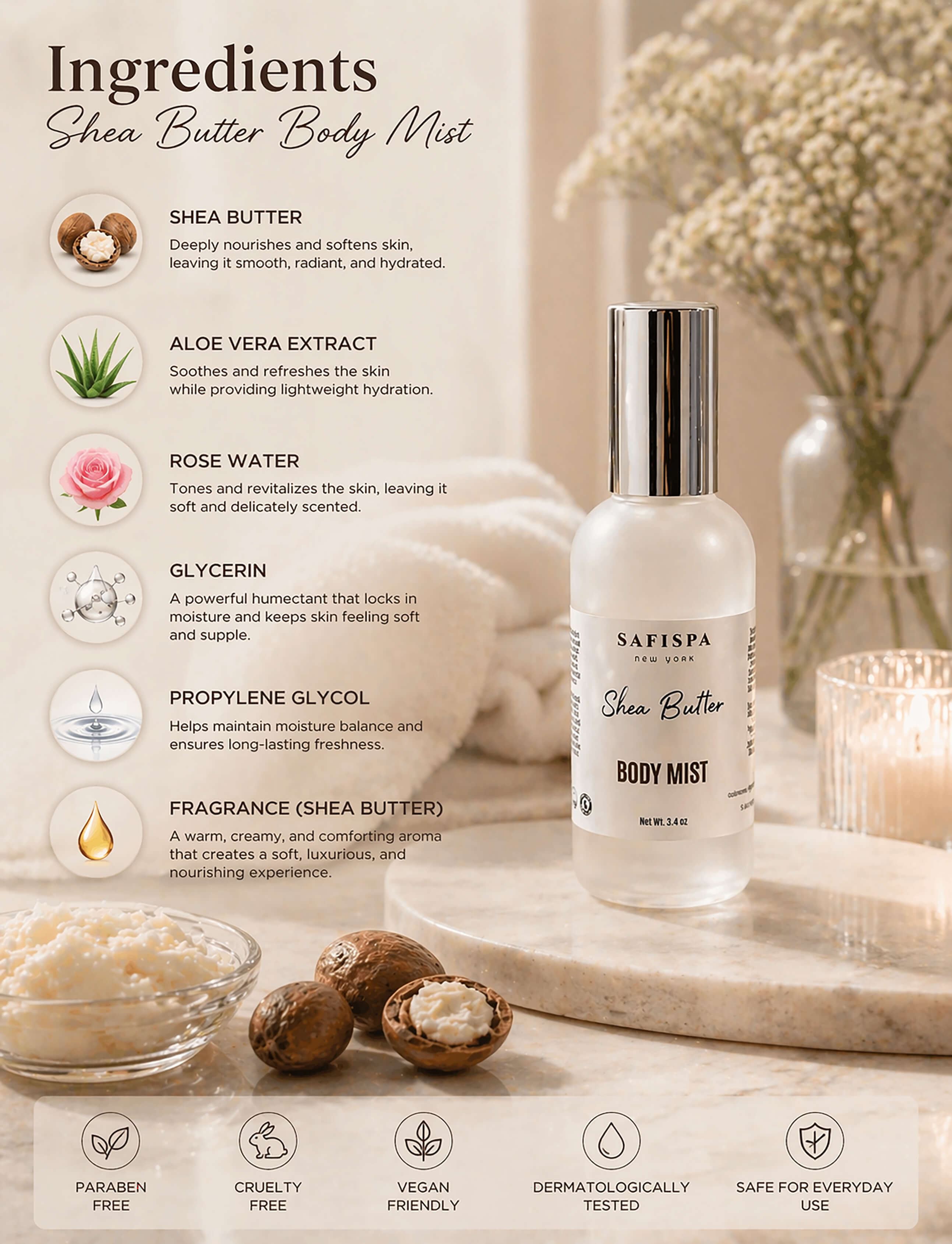 Shea butter body mist ingredients hydrating formula glycerin essential oils clean fragrance skin benefits