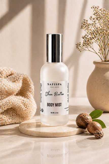 Shea butter body mist in luxury bathroom spa setting hydrating fragrance for daily self care routine