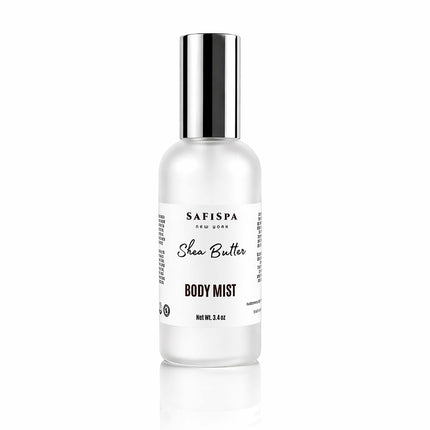 Shea butter body mist spray by Safispa in frosted glass bottle clean hydrating fragrance for soft skin