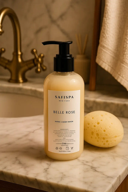 Safispa Belle Rose hand and body wash bottle with a sponge on a marble countertop.
