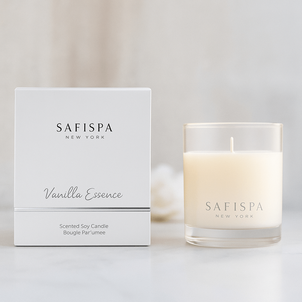 Handcrafted Safispa Vanilla Essence Candle, made with natural soy wax and featuring a captivating blend of vanilla, cinnamon, and honey.