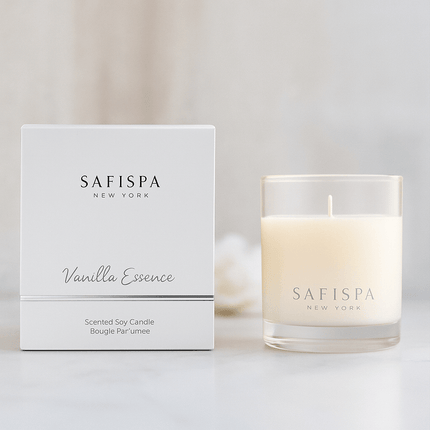 Handcrafted Safispa Vanilla Essence Candle, made with natural soy wax and featuring a captivating blend of vanilla, cinnamon, and honey.