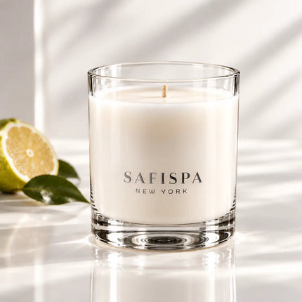 Tropical Signature scented soy candle in clear glass with lemon and bergamot, best tropical scented candle safispa 