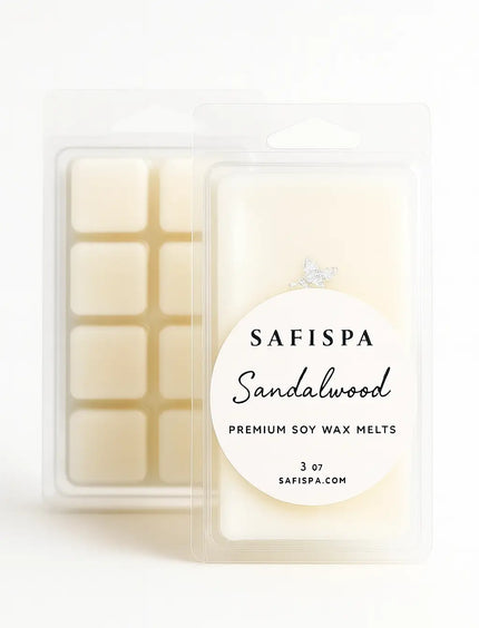 Sandalwood Soy Wax Melts by SaFiSpa in warm amber-brown pack