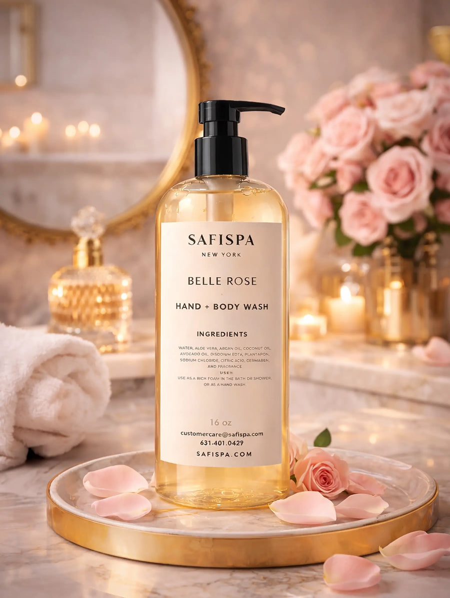 SAFISPA Belle Rose hand and body wash bottle on a decorative tray with flowers and candles in the background.