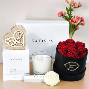 Spoil Mom this Mother's Day with the complete SaFiSpa Gift Set, featuring a luxurious soy wax candle, a beautiful eternal rose, and fragrant wax tablets.
