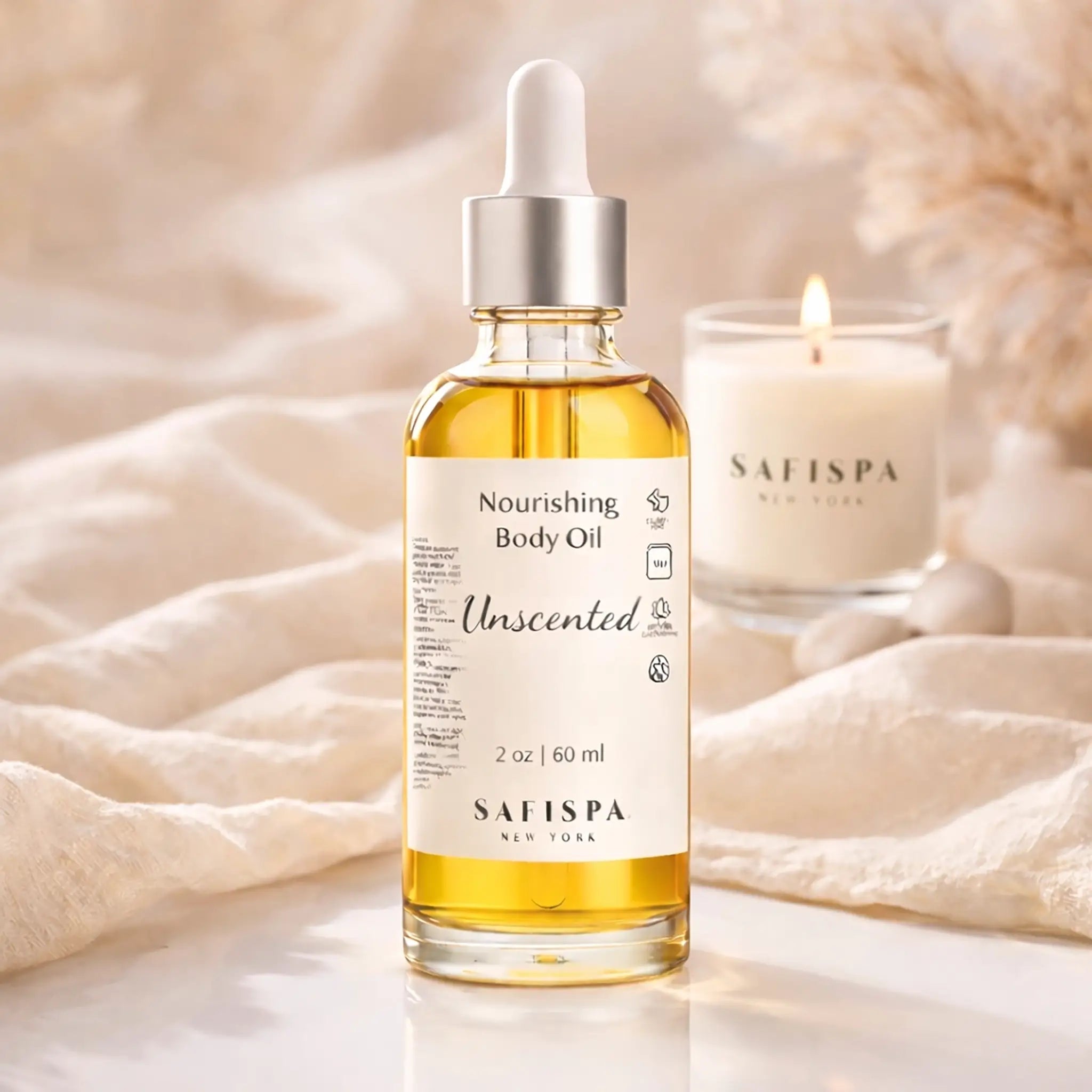 SaFiSpa Unscented Body Oil luxury spa bathroom setting with marble counter and minimalist skincare aesthetic