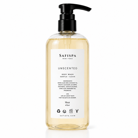 SaFiSpa Unscented Body Wash 16 oz gentle moisturizing body cleanser with aloe vera, coconut oil and botanical ingredients on a clean white background.