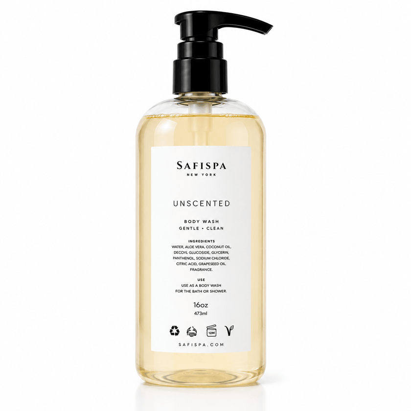 SaFiSpa Unscented Body Wash 16 oz gentle moisturizing body cleanser with aloe vera, coconut oil and botanical ingredients on a clean white background.