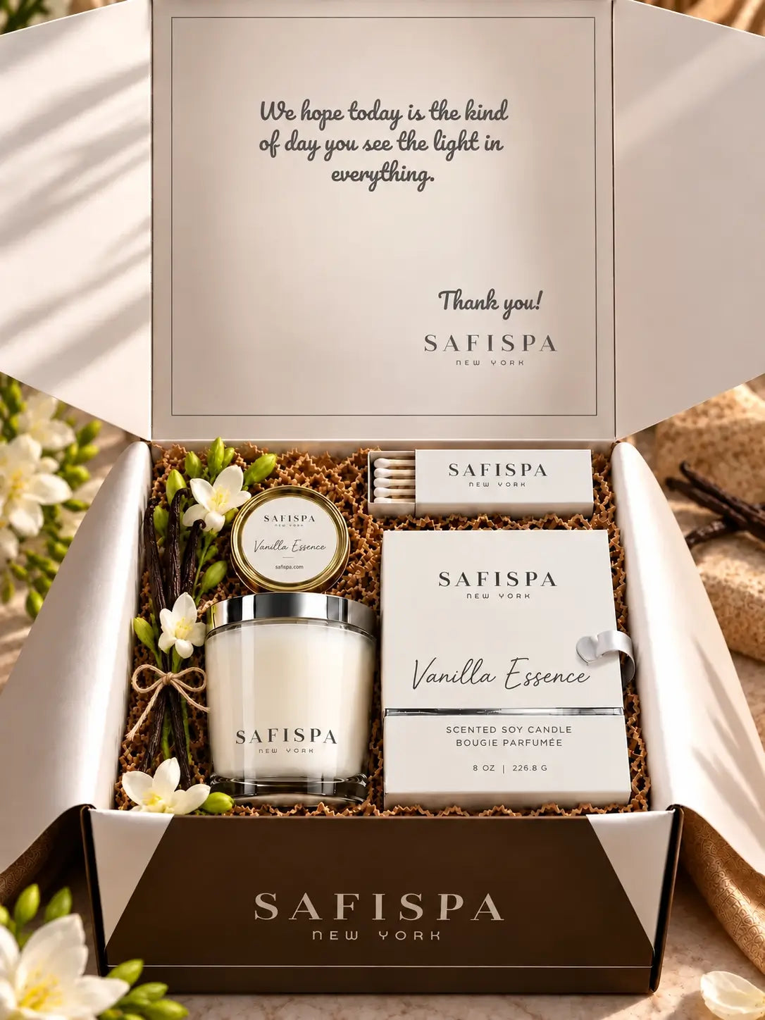 SaFiSpa Vanilla Essence luxury candle gift set with scented soy candle, white fragrance box and premium gift packaging.