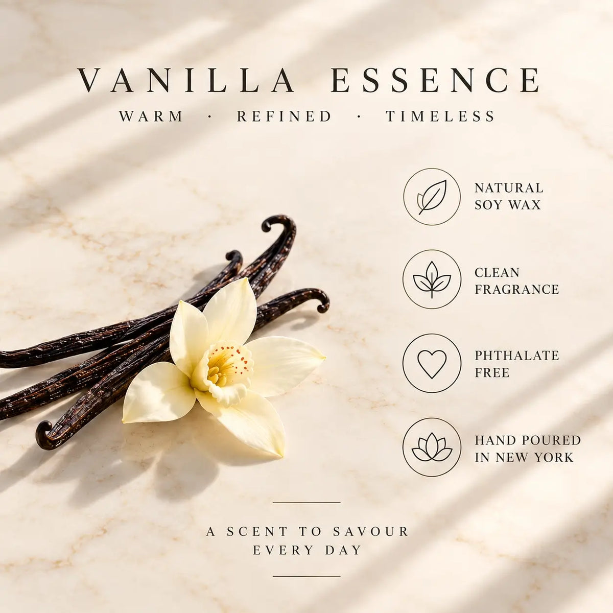 SaFiSpa Vanilla Essence candle fragrance with vanilla beans and flower, featuring natural soy wax, clean fragrance and phthalate-free benefits