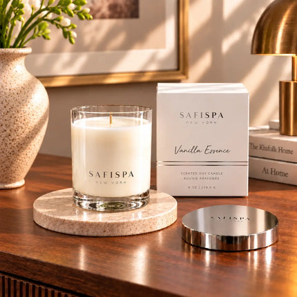 SaFiSpa Vanilla Essence candle with white fragrance box and silver lid styled in an elegant luxury home interior.