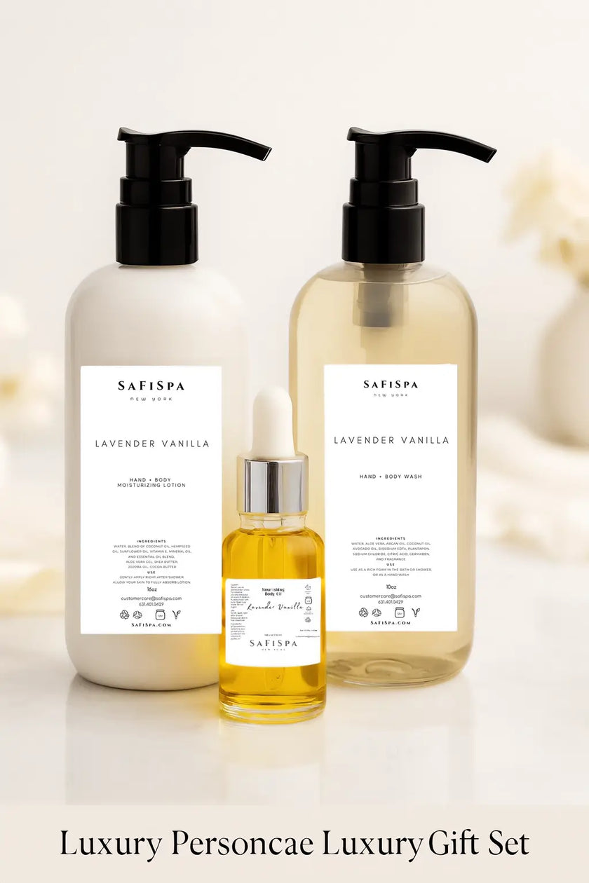 Gift Set Trio skincare products body lotion, body wash, and body oil